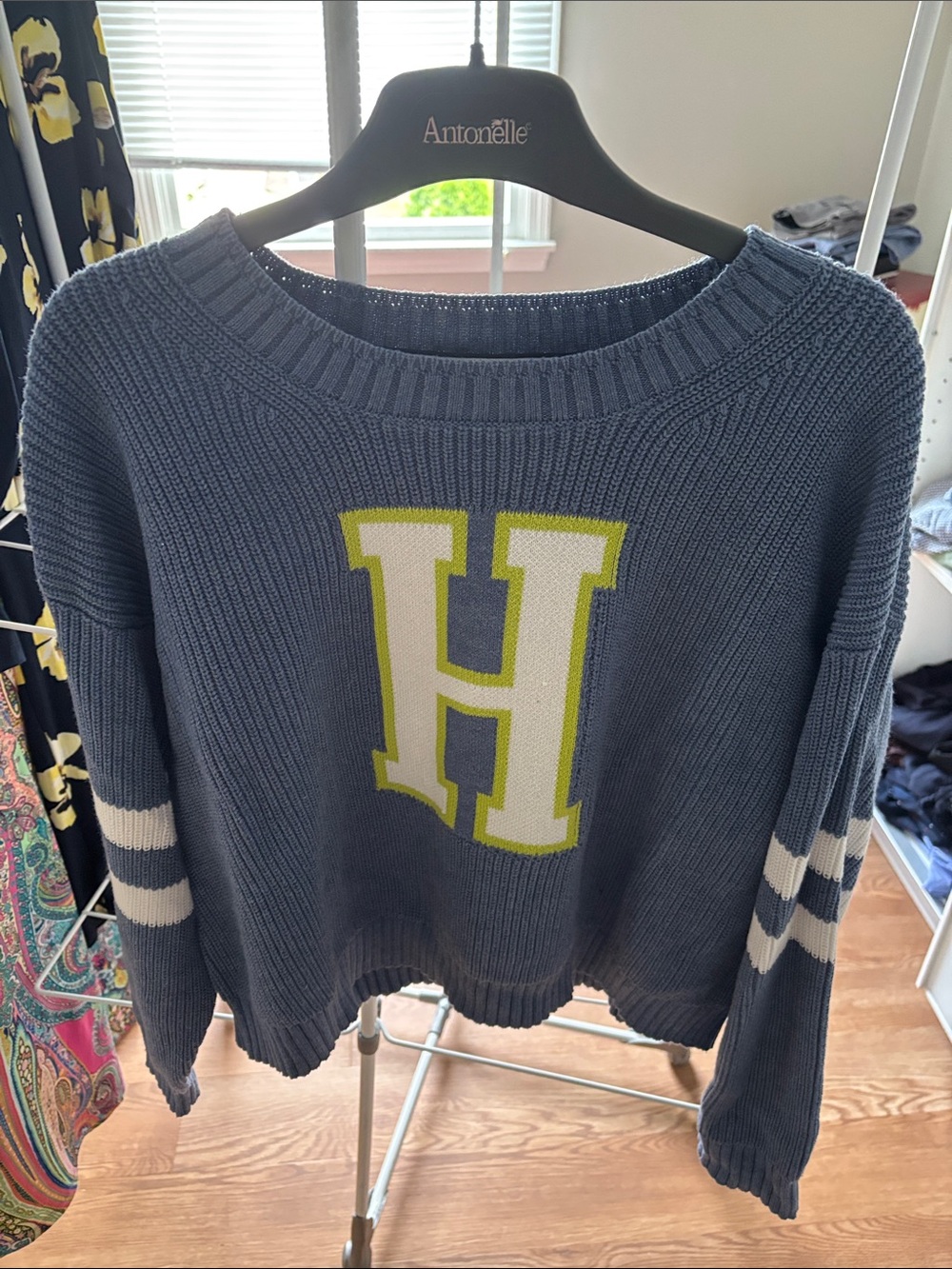 Tommy Hilfiger Blue Knit Crewneck Sweater with White and Chartreuse 'H'